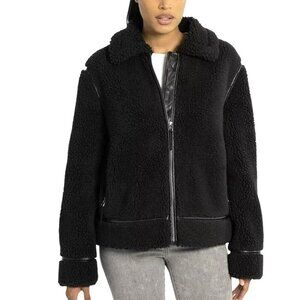 New Bearpaw Black Faux Shearling Moto Coat Jacket Size Large